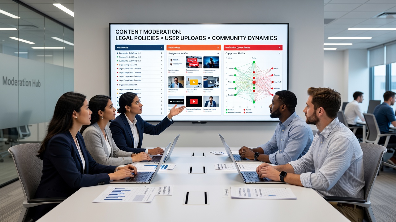 Content moderators reviewing user uploads in a digital platform control room