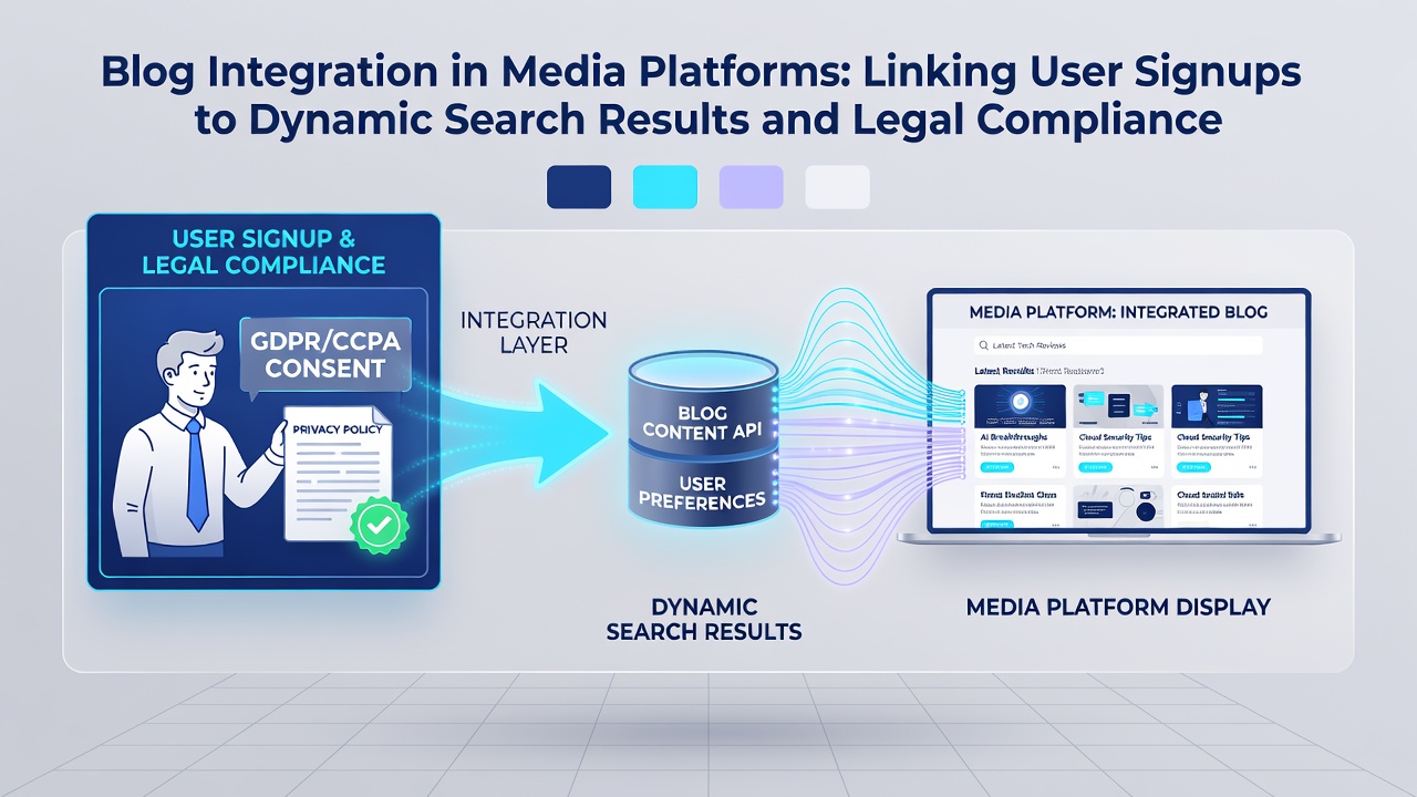 Illustration of blog integration connecting user registrations with search functionalities on media platforms