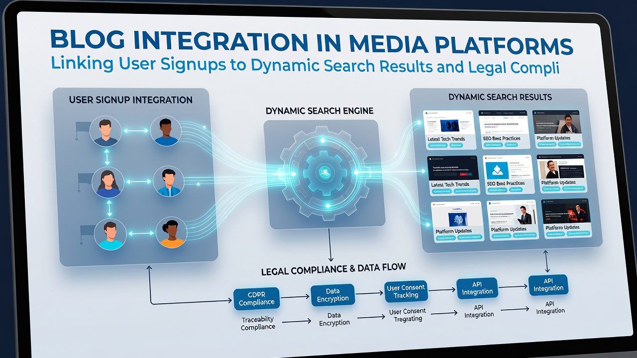 Diagram showing data flow from user signups through search algorithms to compliant blog result displays