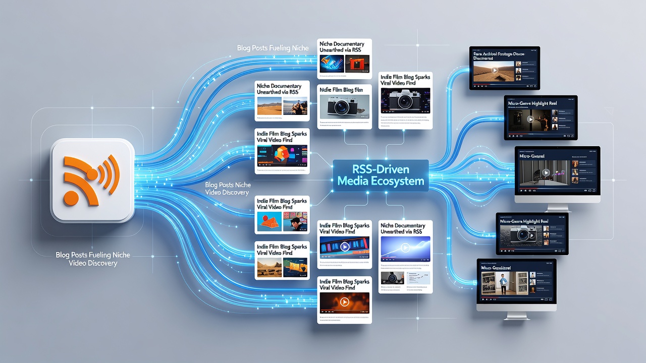 Diagram showing RSS feed flow from blog posts to niche video recommendations in media ecosystems