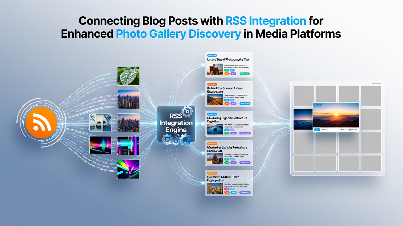 RSS feeds connecting blog posts to photo galleries on a media platform dashboard