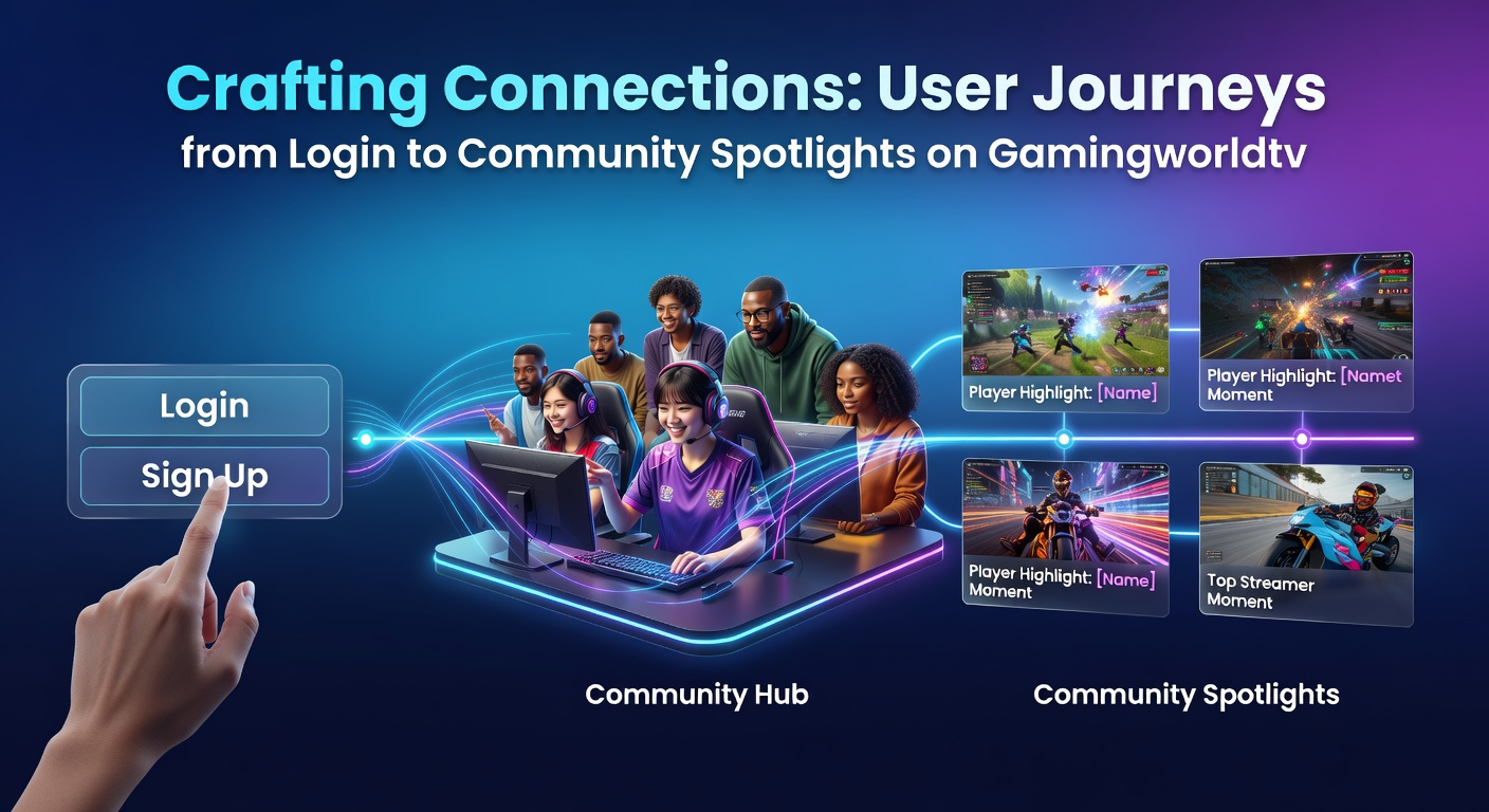 Gamers connecting on Gamingworldtv, from login screens to vibrant community spotlights featuring top user contributions