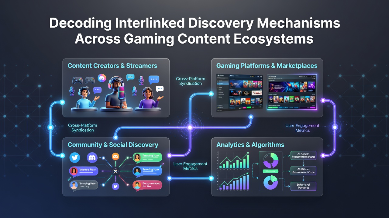Diagram depicting cross-ecosystem content flows between search results, RSS subscriptions, and social community interactions in gaming media