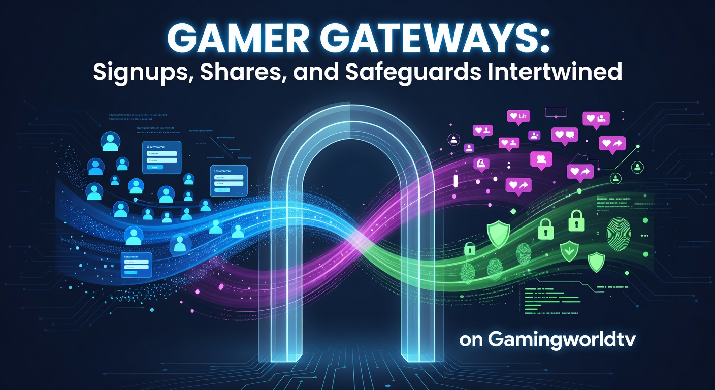Vibrant gaming community interface on Gamingworldtv showing signup prompts alongside shared video thumbnails and security icons