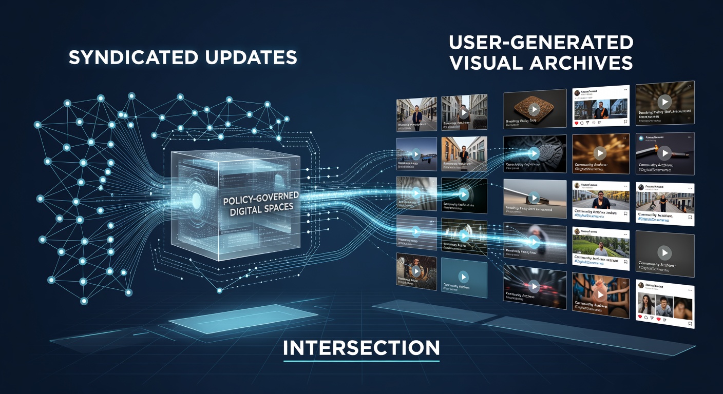 Digital interface showing syndicated content feeds merging with user-uploaded visual archives under policy oversight