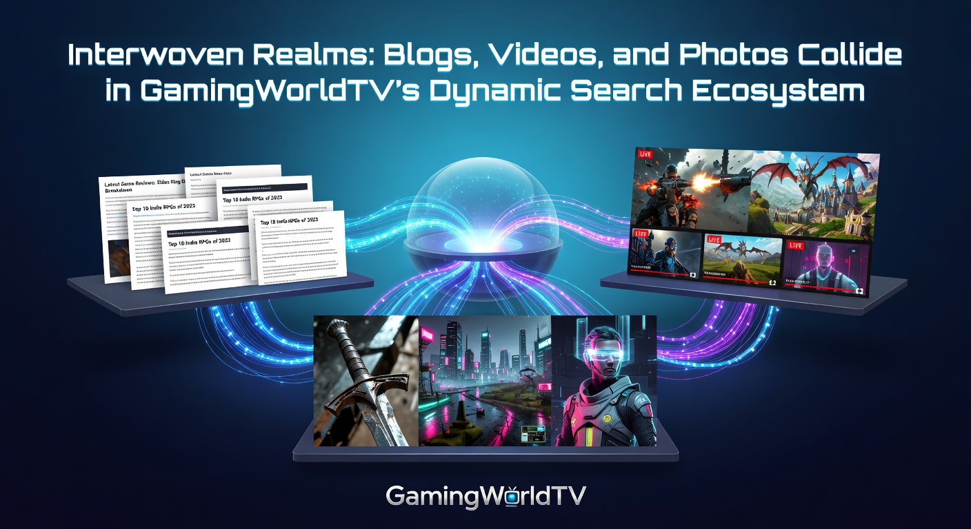 Dynamic search interface on GamingWorldTV displaying interwoven blogs, videos, and photos from popular gaming titles