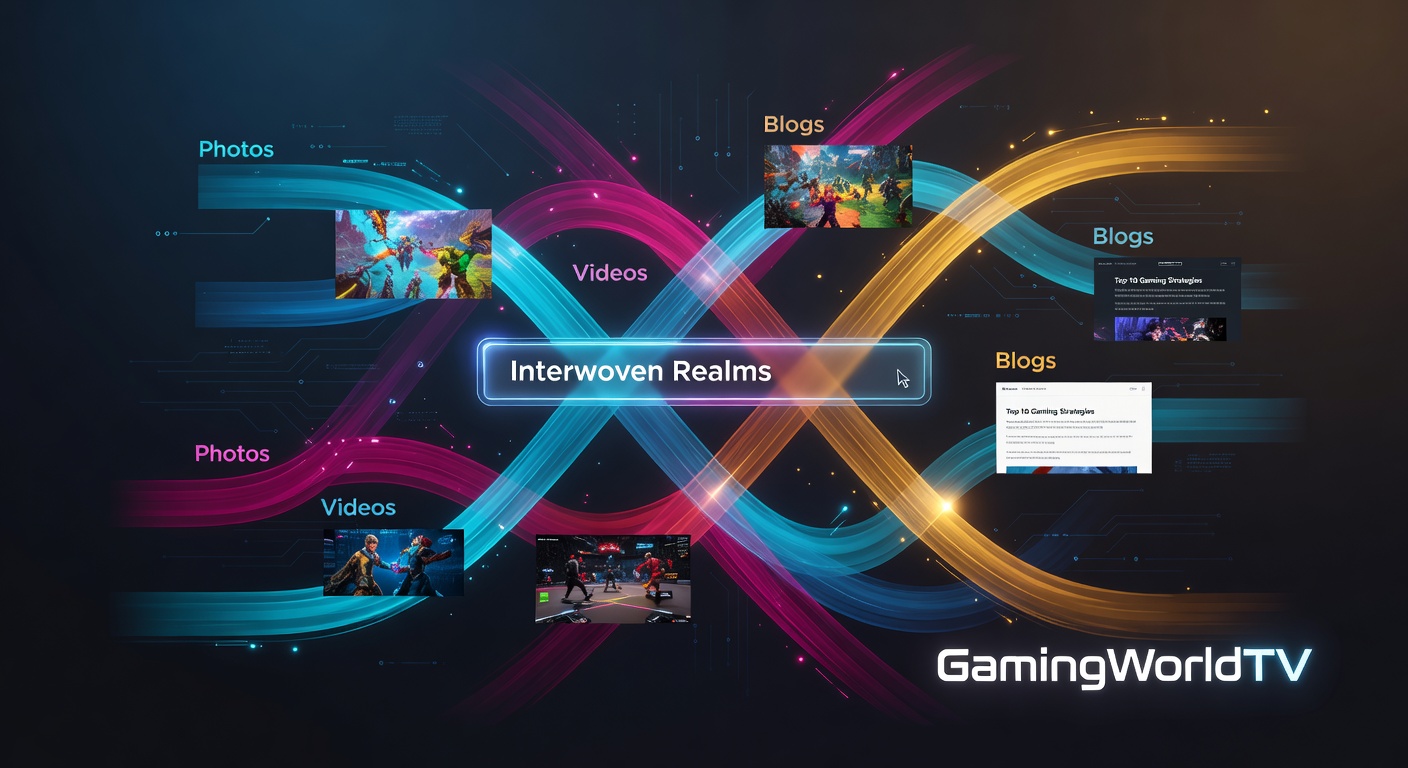 Close-up of blog integration in GamingWorldTV search results, showing text previews alongside video thumbnails and photo grids