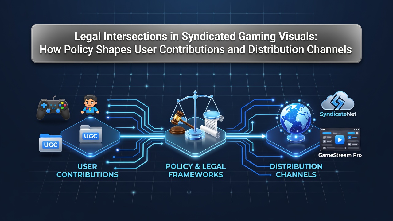 Illustration showing legal documents and policy icons overlaid on gaming visuals with distribution network diagrams