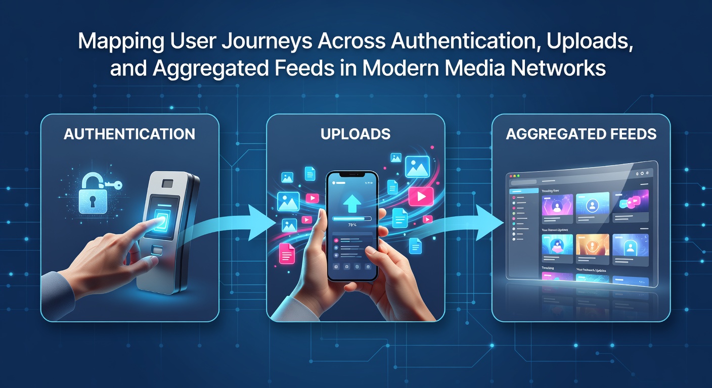 Diagram illustrating user flow from authentication through content uploads to aggregated media feeds in digital platforms