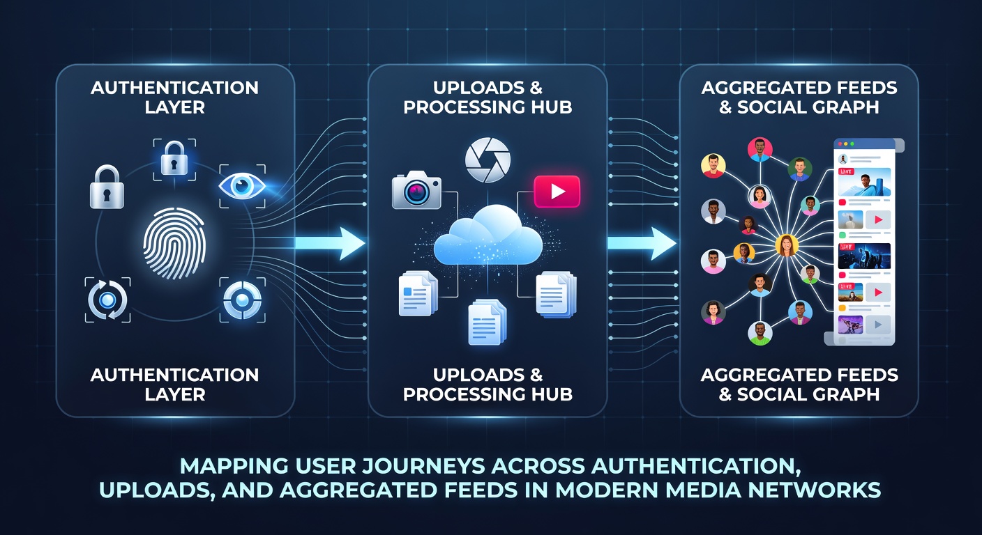 Flowchart showing content upload validation steps linking to feed aggregation algorithms in media networks