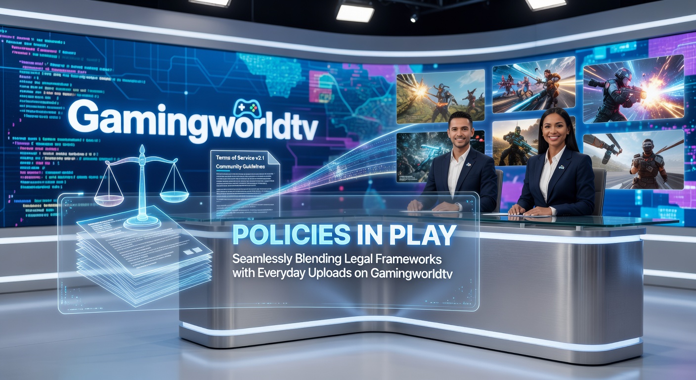 Gamers uploading content on Gamingworldtv platform with legal policy icons overlayed, illustrating compliance in action