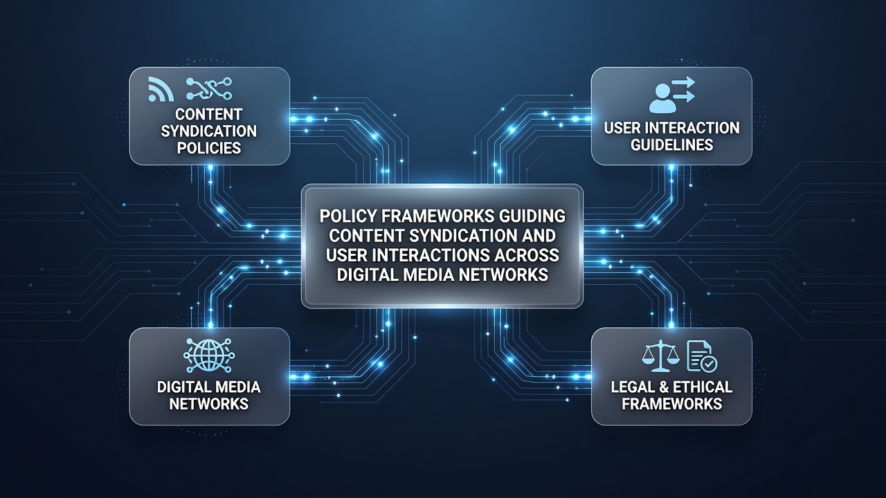 Illustration of user interaction policies in digital networks with icons representing moderation and engagement rules