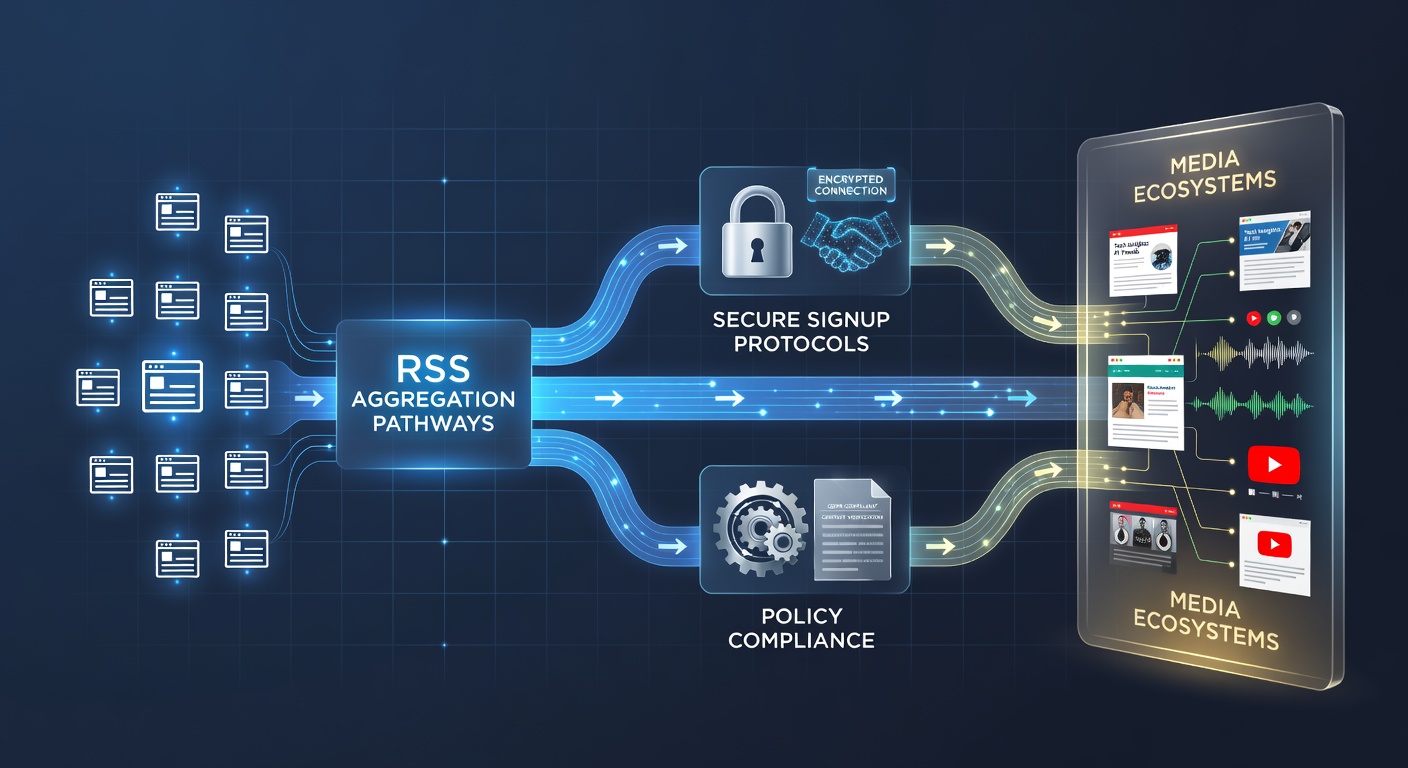 Diagram illustrating RSS aggregation pathways connecting blog content discovery with secure signup protocols