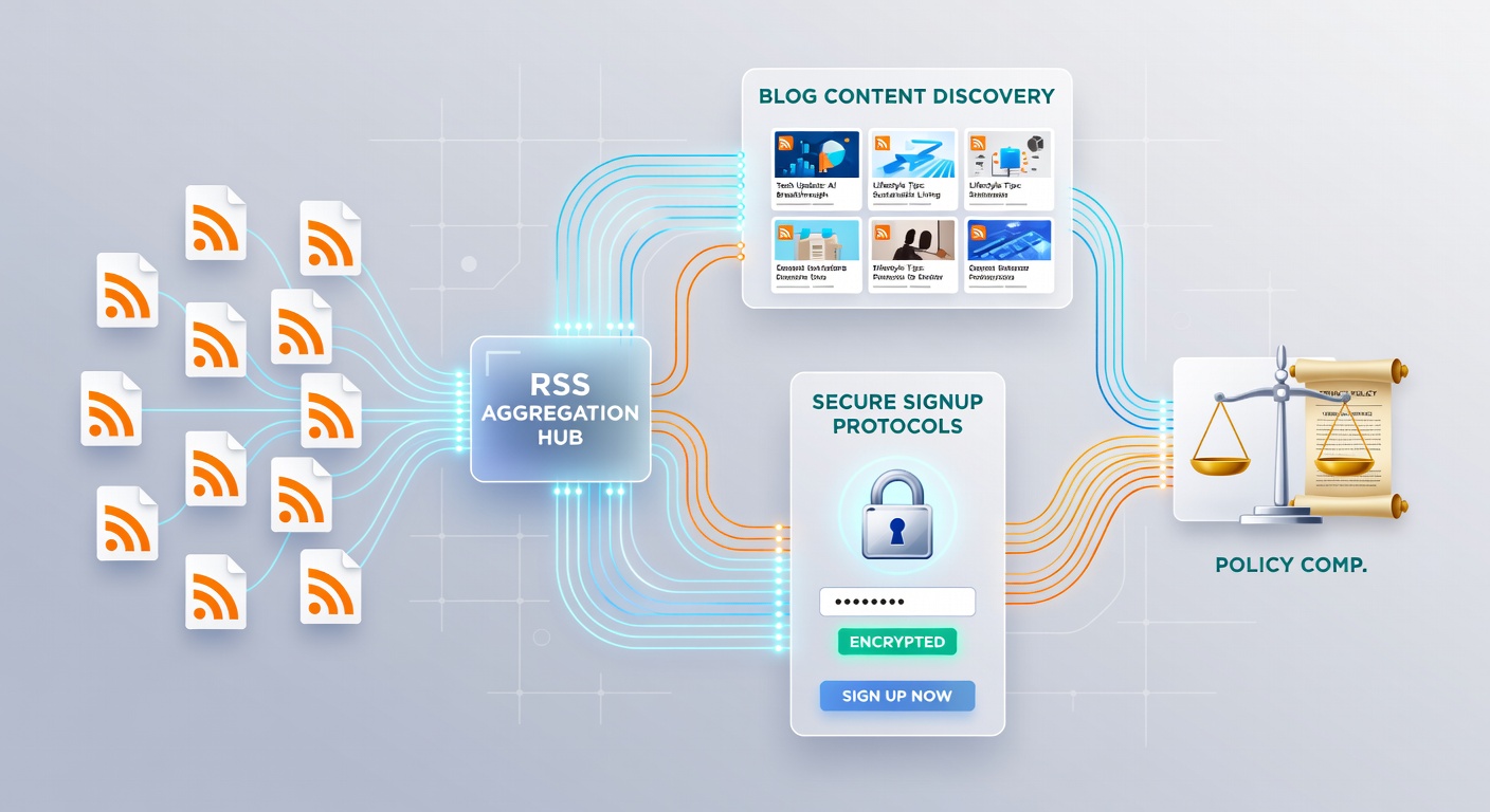 Flowchart showing integration of RSS feeds with secure signup and compliance checkpoints in media platforms