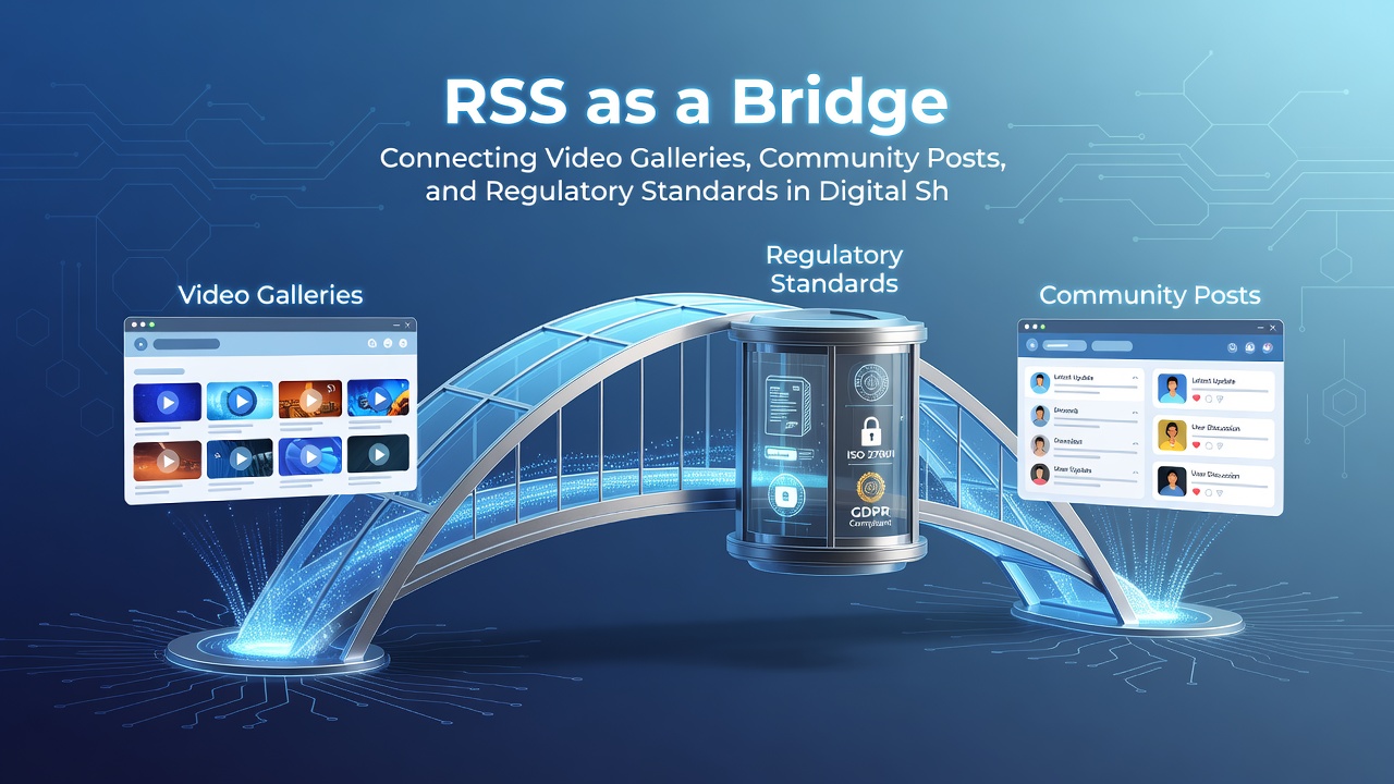 Regulatory compliance icons overlaid on RSS feed structure illustrating digital sharing standards
