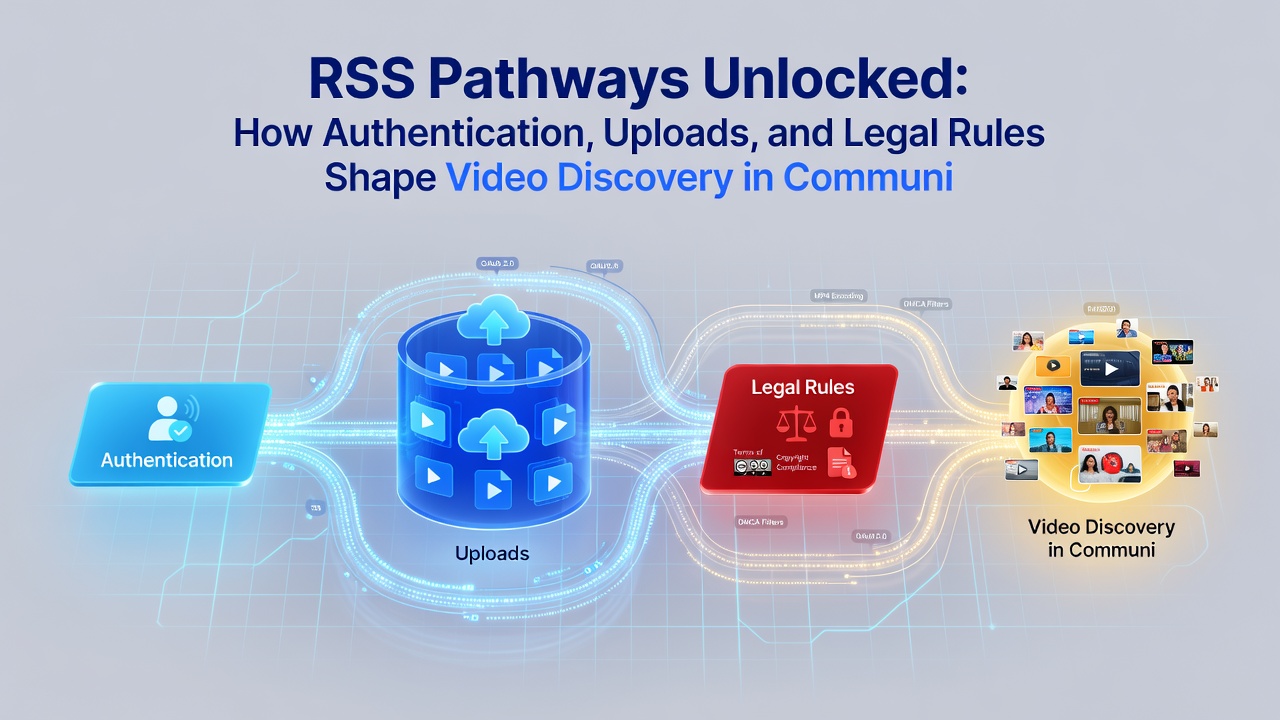 Diagram illustrating how legal rules and upload protocols interact with RSS discovery in gaming media communities