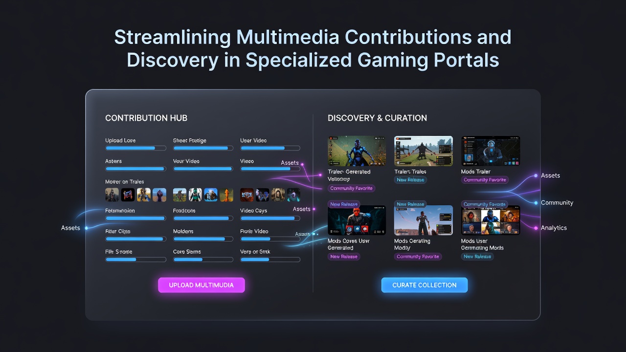 Search and discovery dashboard in a gaming portal highlighting filtered media results and feed subscriptions