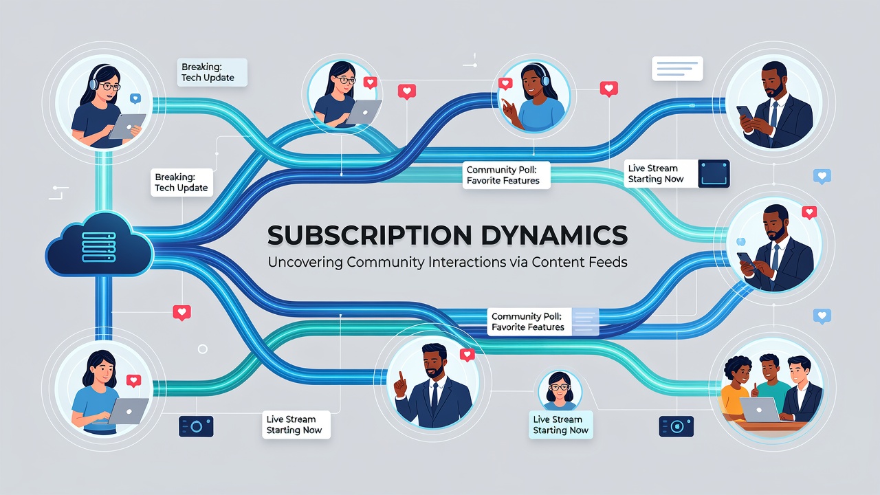 Illustration of GamingWorldTV content feeds showing subscription icons and community interaction graphs