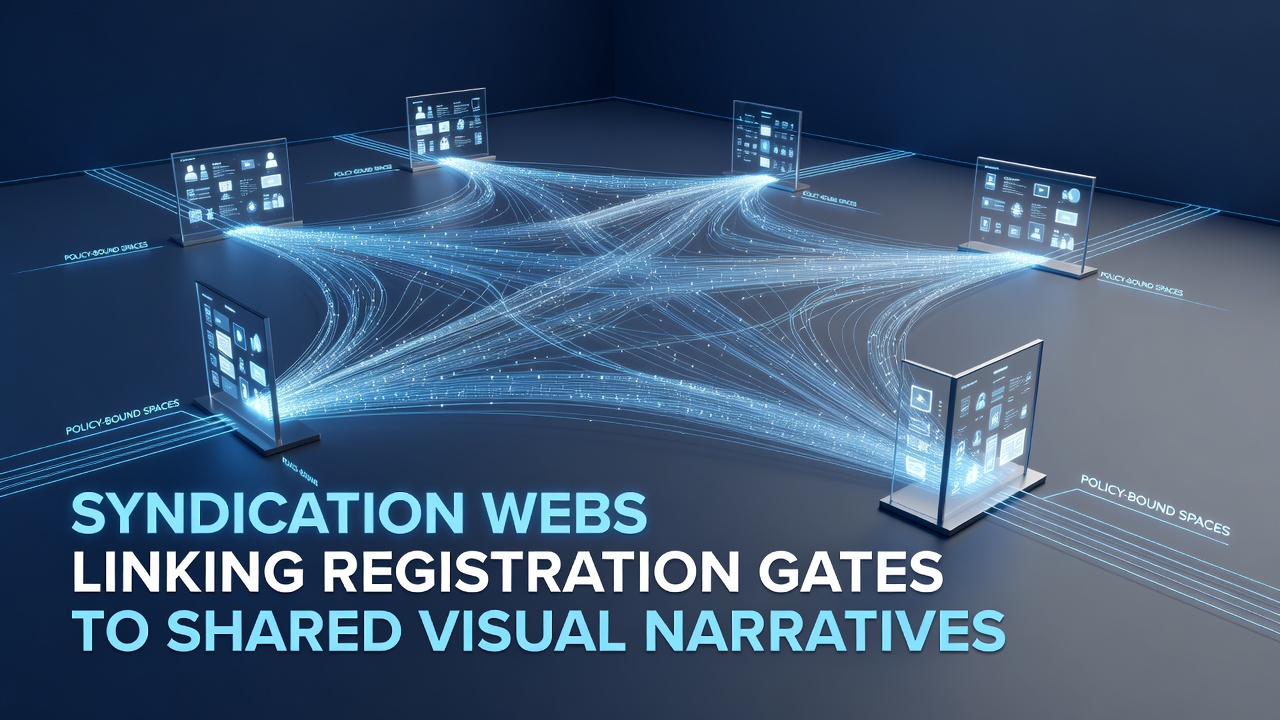 Diagram illustrating syndication webs linking registration systems to visual content sharing in policy environments