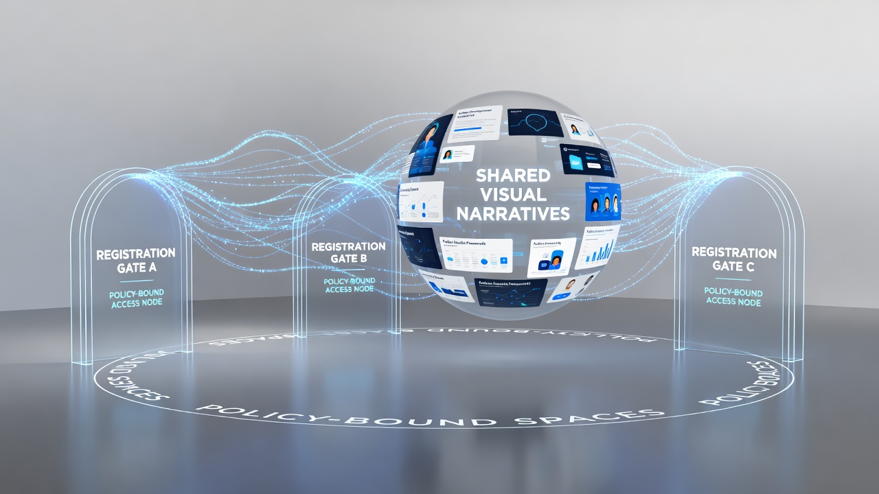 Illustration of policy-regulated digital spaces where syndication connects user registrations with visual storytelling elements