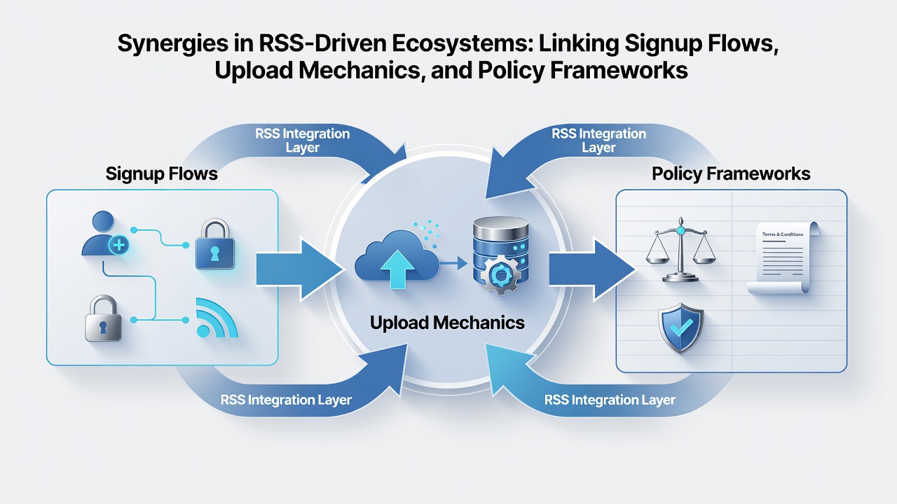 Screenshot of an upload interface with RSS feed options and policy compliance indicators highlighted