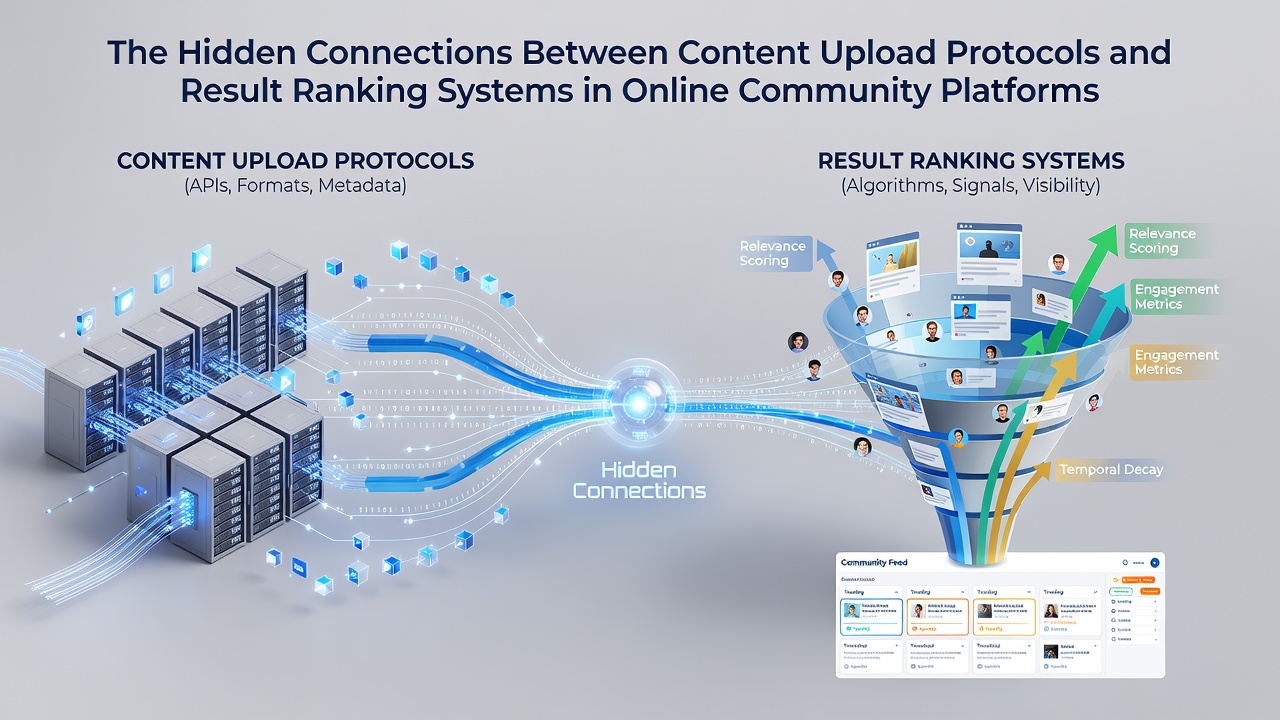 Diagram illustrating content upload protocols feeding into ranking algorithms on digital platforms