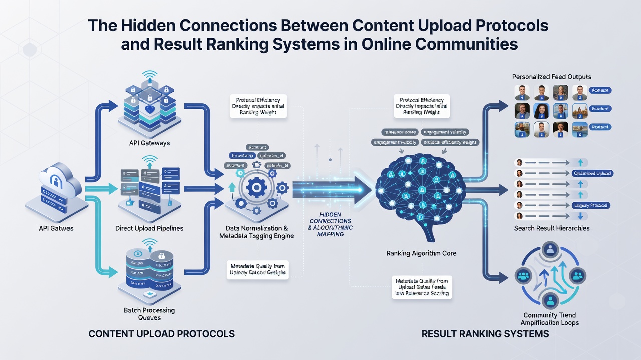Flowchart showing data flow from content uploads through protocol checks to ranking system outputs