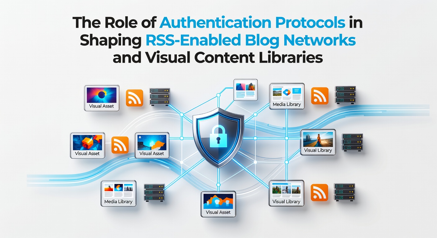Diagram showing authentication flows connecting RSS feeds with blog posts and visual media libraries in a networked environment