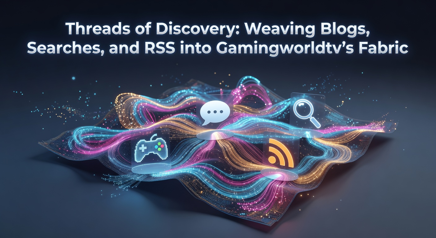 Interconnected digital threads representing blogs, search queries, and RSS feeds forming the core structure of Gamingworldtv's platform