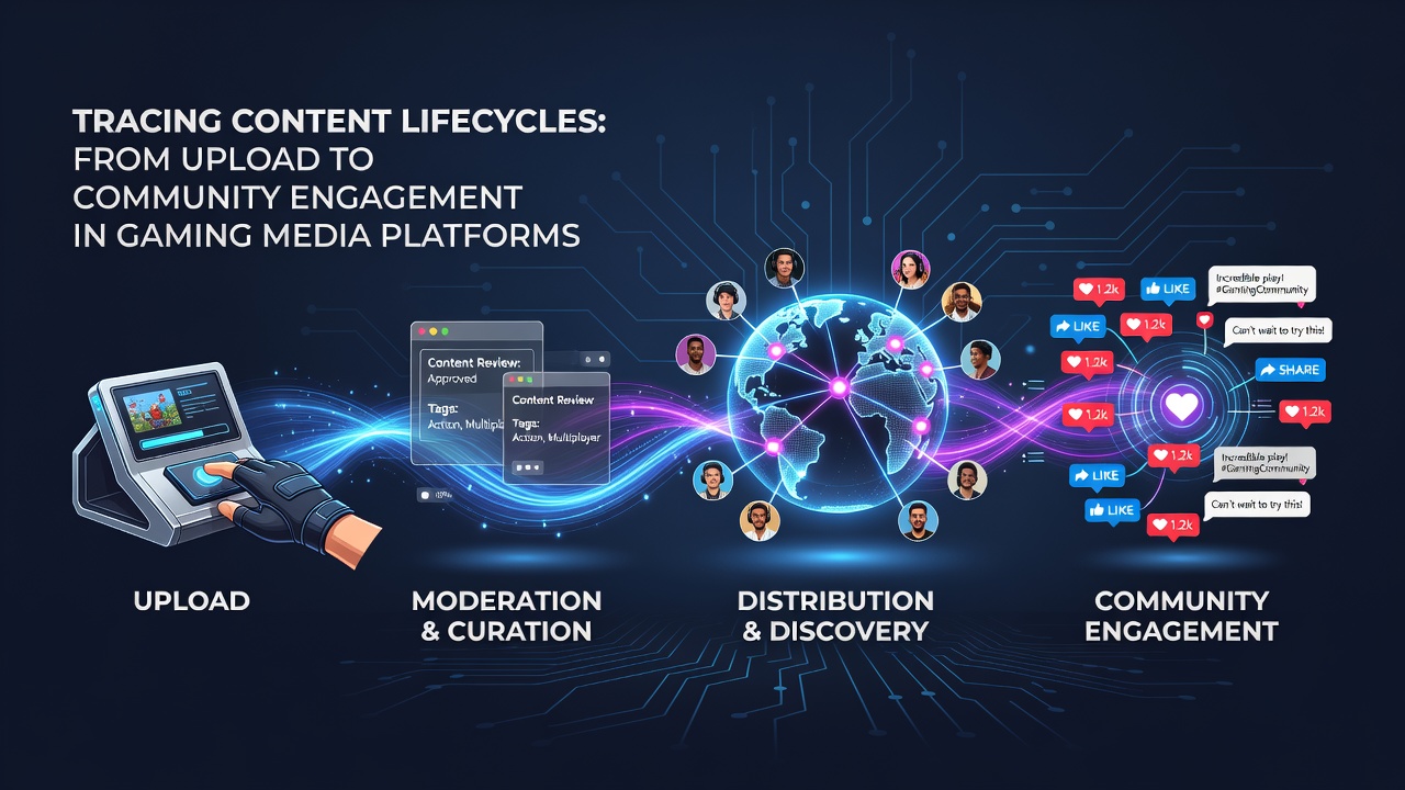 Diagram showing the stages of content lifecycle on gaming platforms from upload through distribution and engagement