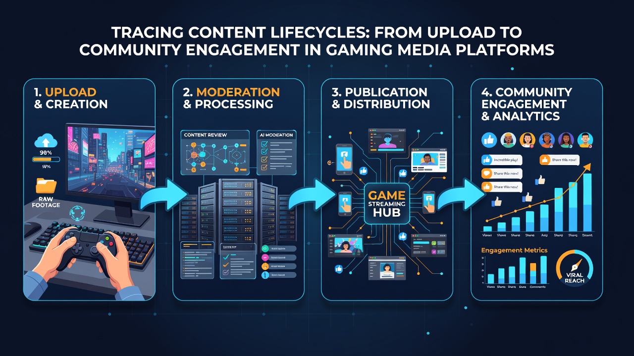 Illustration of community engagement metrics including comments, shares, and reactions on gaming media