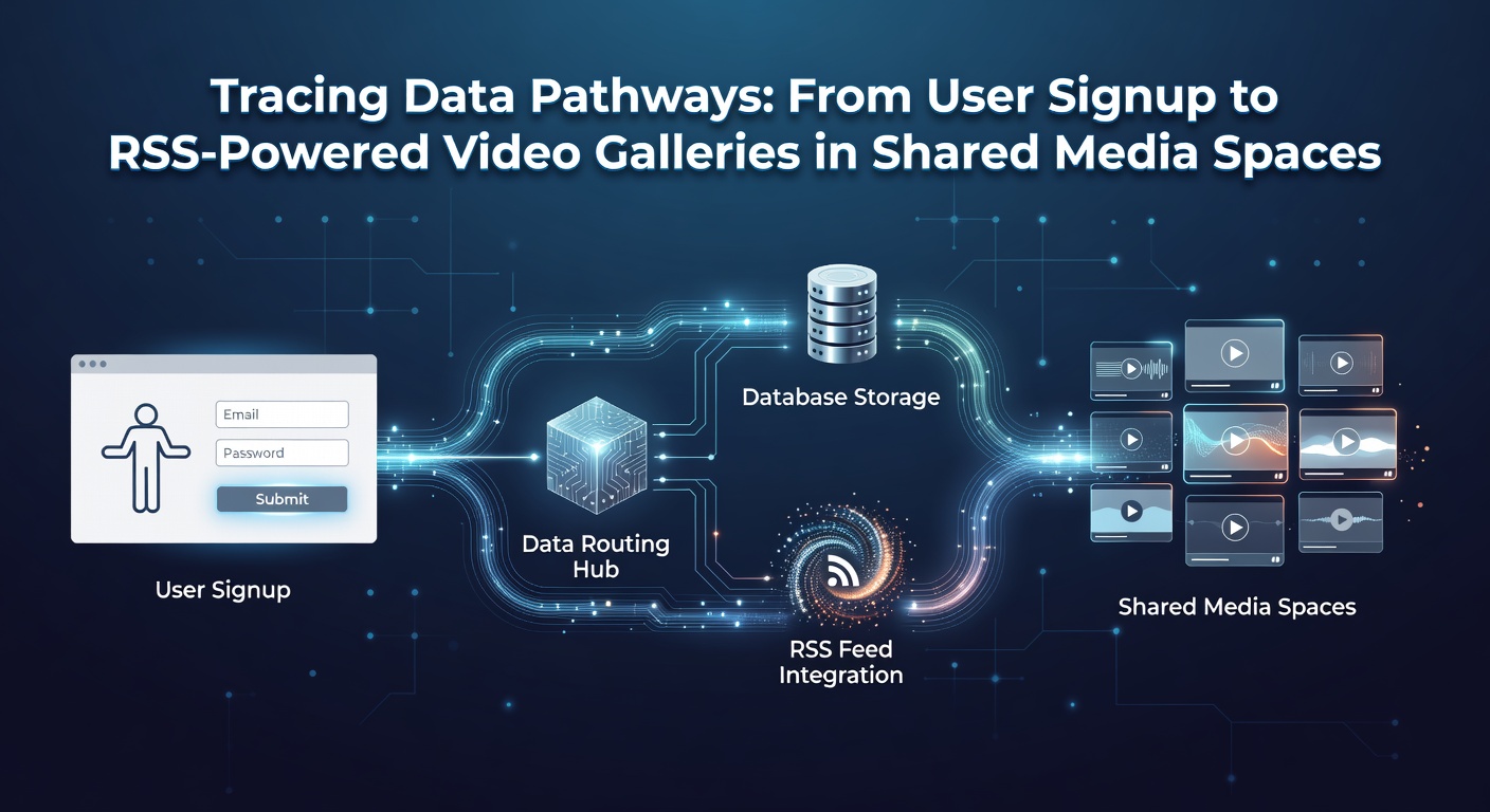 Flow diagram showing user data moving from signup forms through processing servers to RSS video gallery outputs in a shared media platform