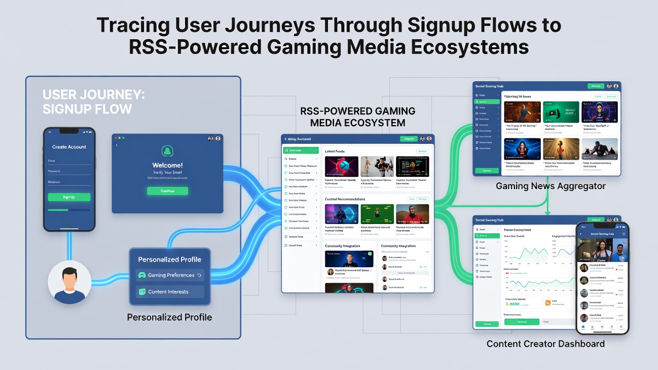 Diagram showing RSS feeds connecting user journeys to gaming media content delivery