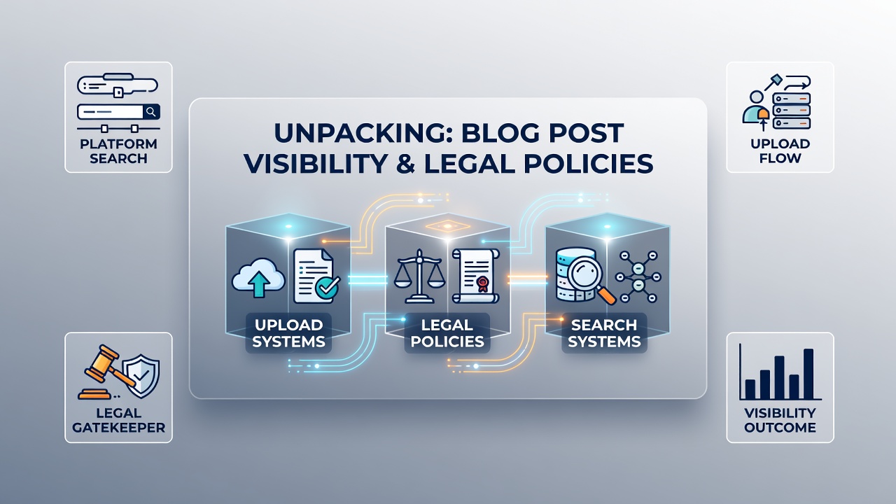 Platform interface showing blog post visibility settings alongside legal compliance indicators in a gaming media upload system