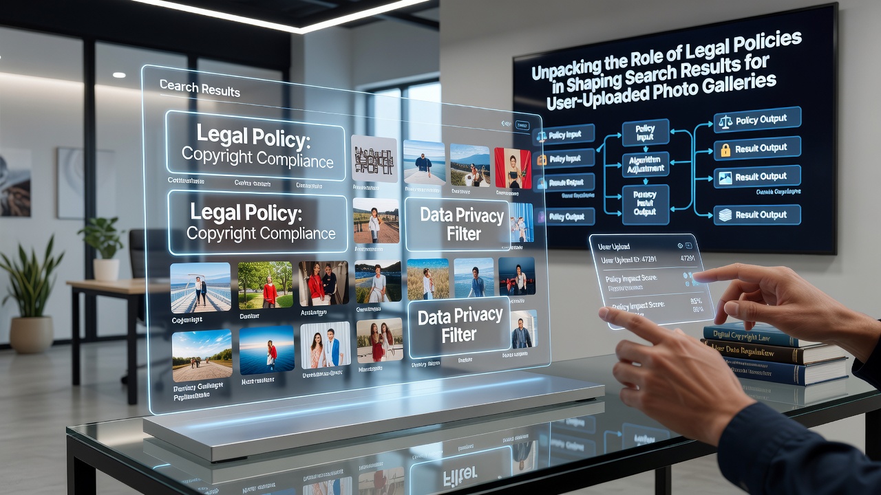Visual representation of legal frameworks influencing photo gallery search algorithms on gaming platforms